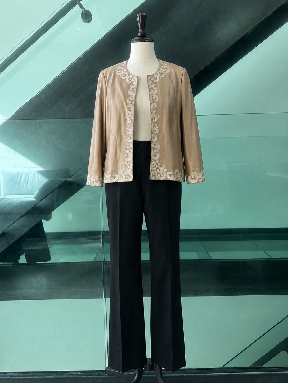 Dana‎ Buchman Gold Leather Embroidered Open-Front Blazer